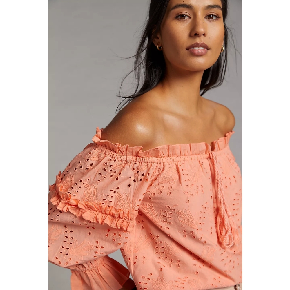 NWT, Anthropologie, Jane Eyelet Lace Off-The-Shoulder Blouse In Coral Peach - Picture 2 of 2